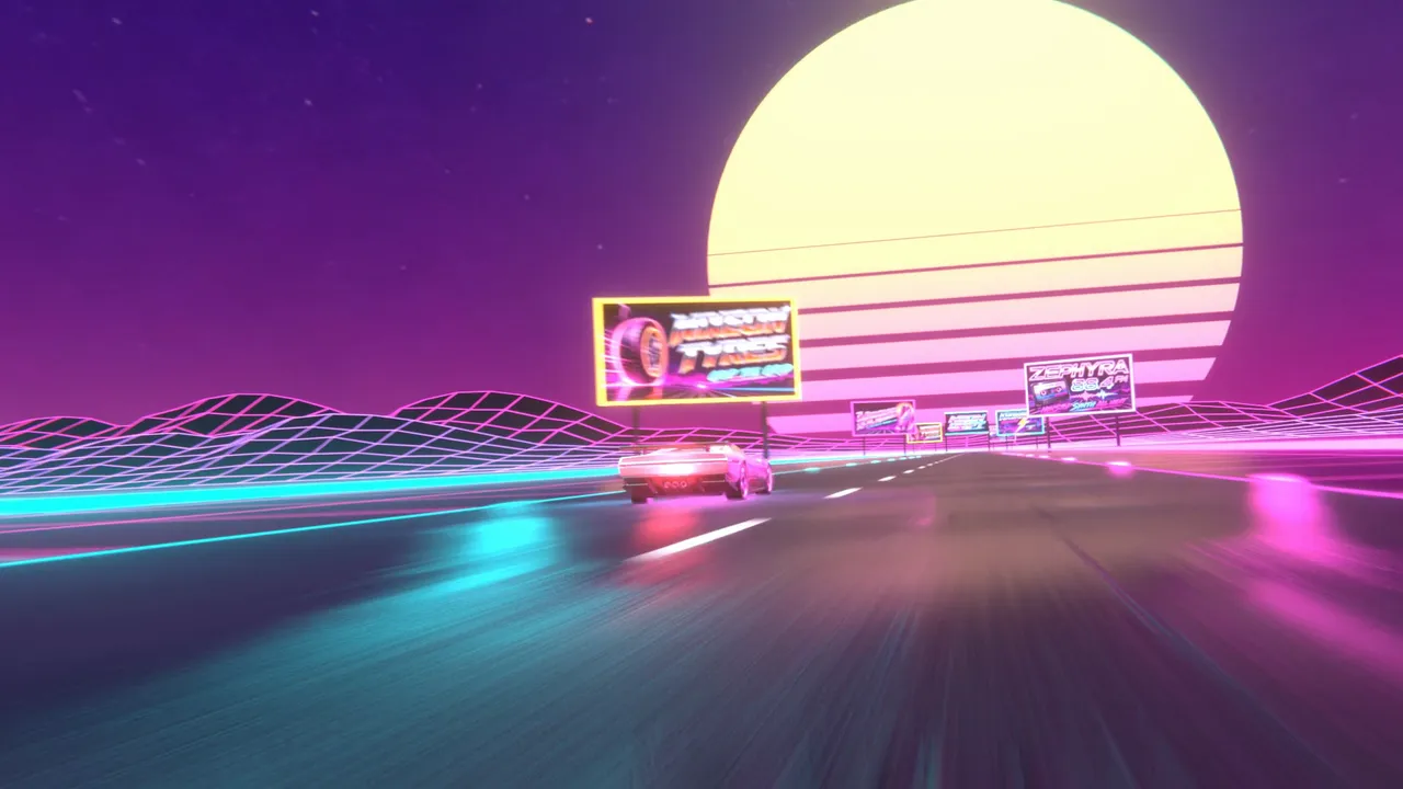 Final frame 240: the car on the wet road toward the striped sun, billboards glowing on both sides of the road