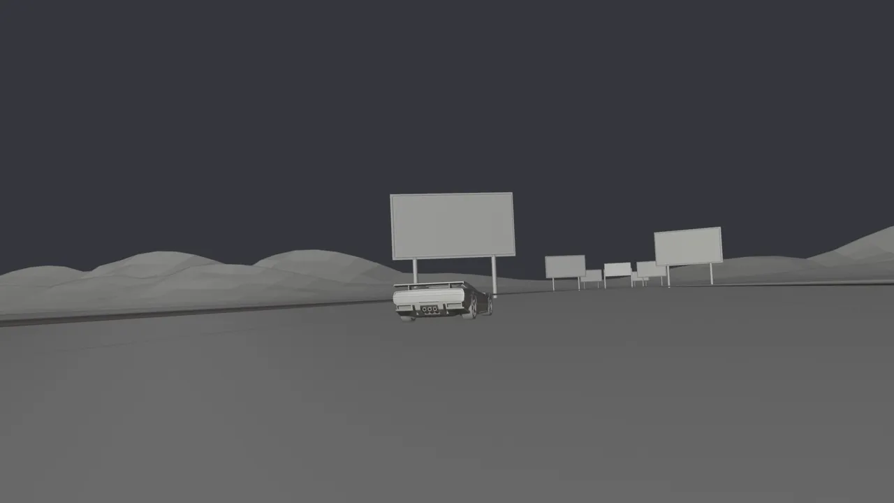 The same frame in grey clay: the road, the car, blank billboard frames and low hills