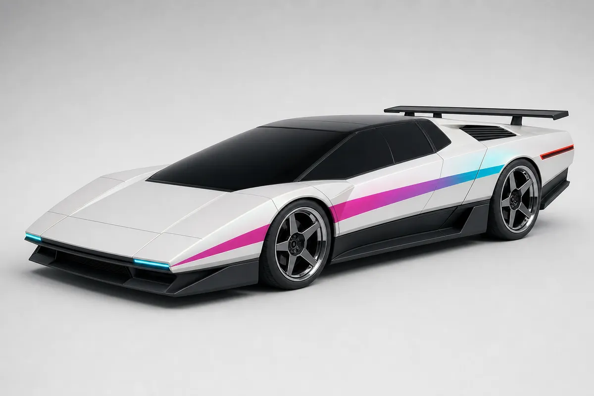 Concept of a pearl-white wedge sports car with a black canopy, a magenta-to-cyan side stripe and a rear wing, on a light grey background