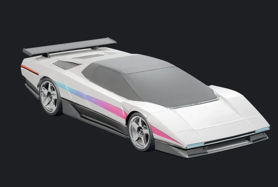 The car as a textured 3D mesh on a dark background, three-quarter view