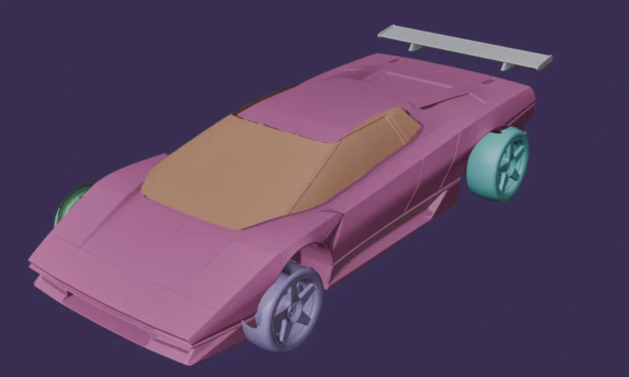 The segmented car shown with each part in its own colour: body, canopy, rear wing and separate wheels