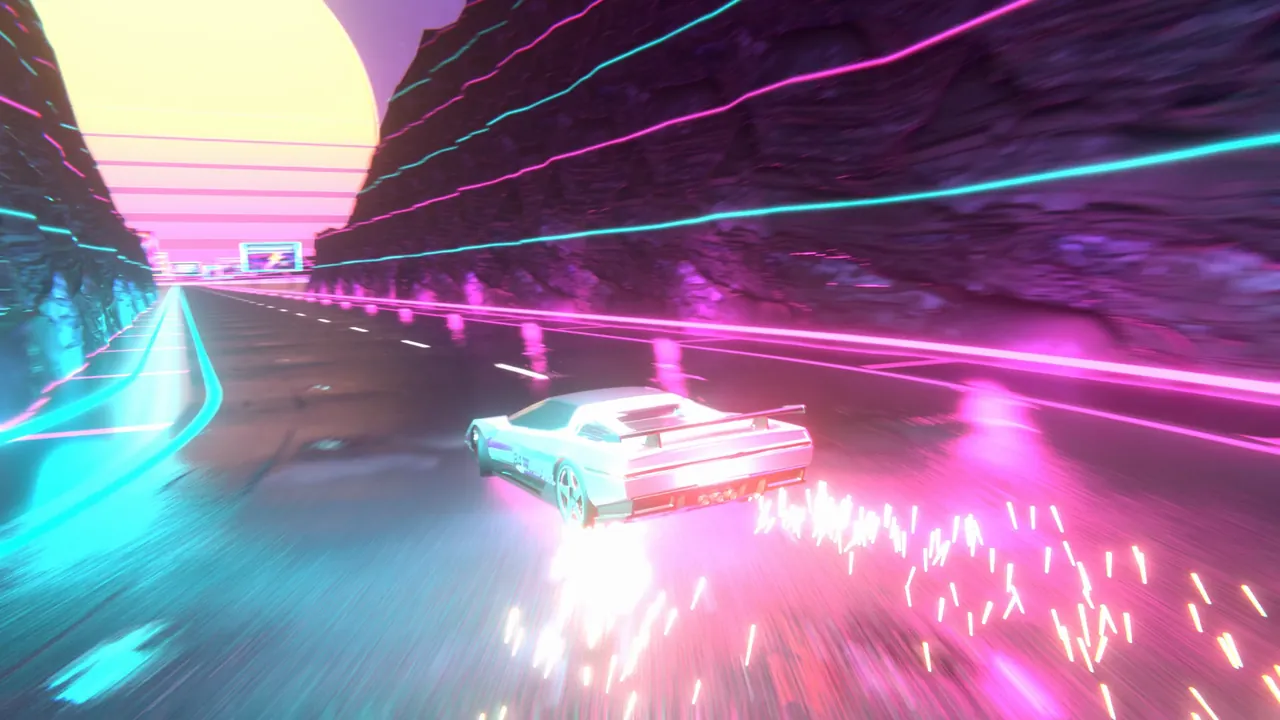 Final frame of the drift: thin bright spark streaks trail from the rear corners