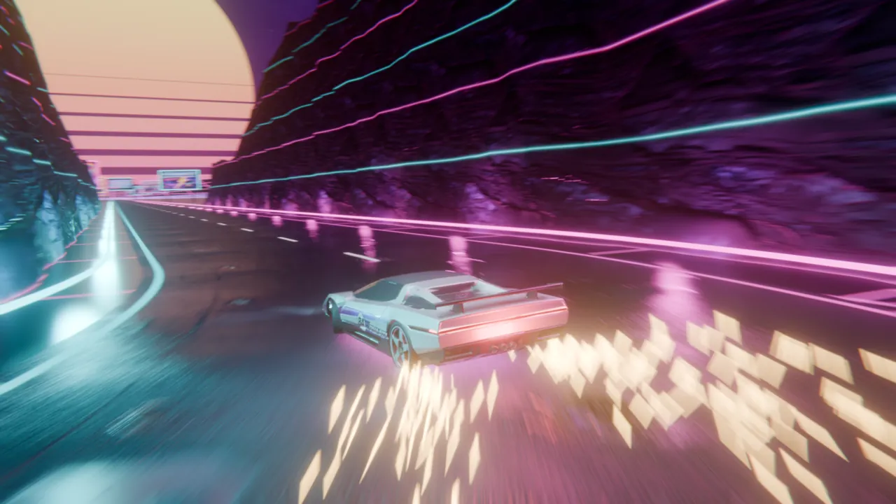 Test render of the drift: the sparks render as large pale diamonds behind the car
