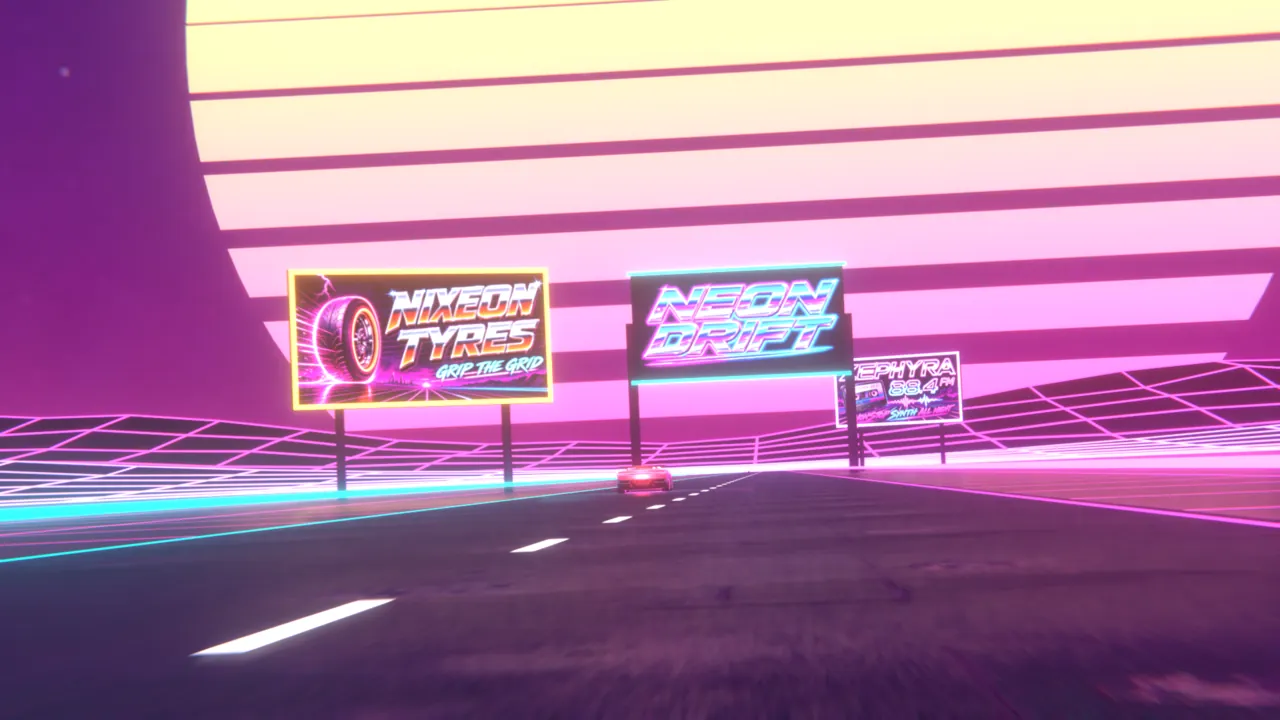 Test render of the last frame: the car is a small dot far down the road under the sun