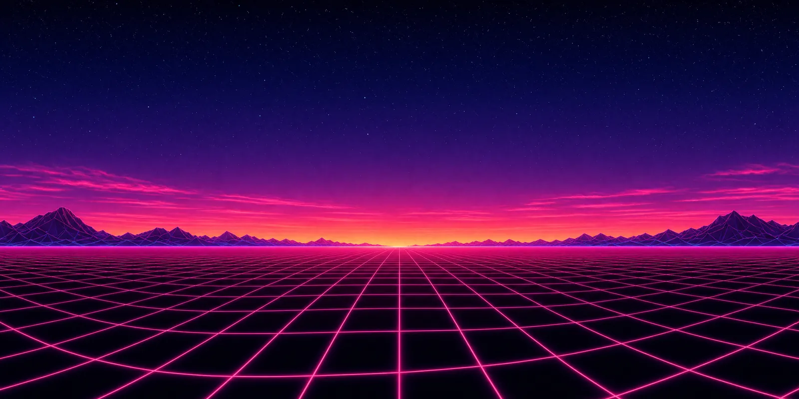 Panoramic dusk sky: deep indigo at the top, a hot magenta and orange band at the horizon, low pink clouds and dark purple mountains