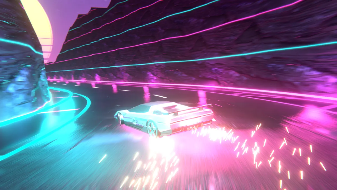 Drift apex: the car sideways in the canyon bend with sparks streaming from the rear