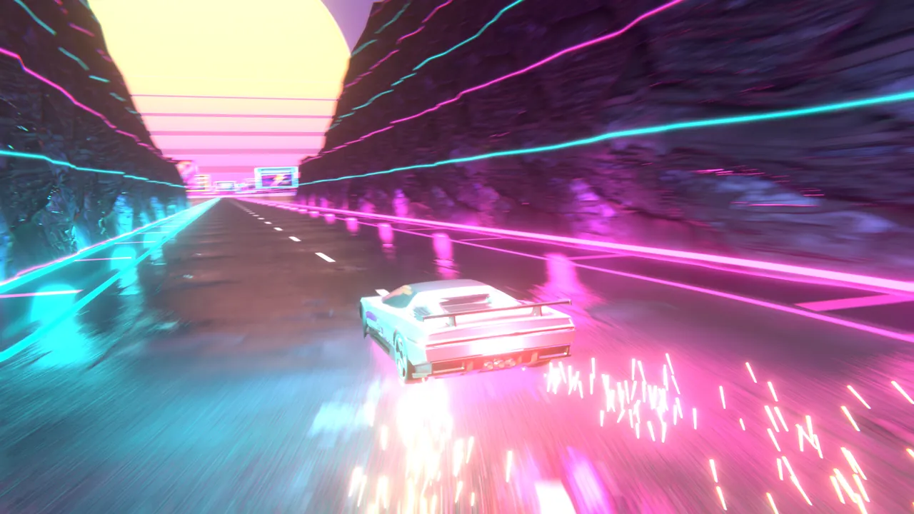 Drift exit: the car slides out of the bend toward the sun in a shower of sparks