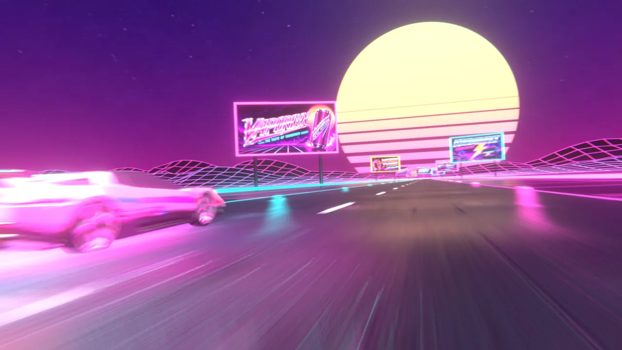 Fly-by: the car passes the low camera on the left, billboards beyond