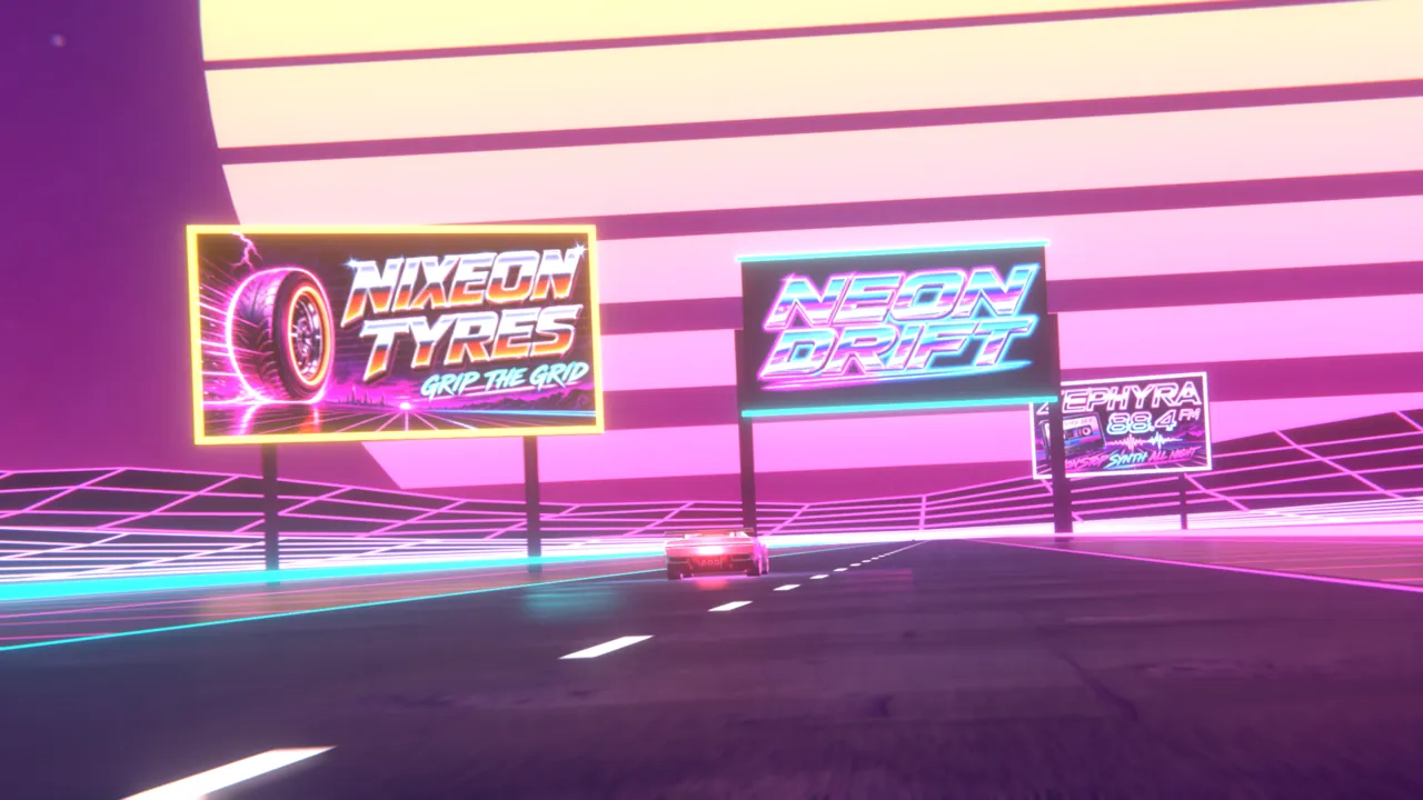 Final last frame: the car under the NEON DRIFT gantry with the striped sun and billboards