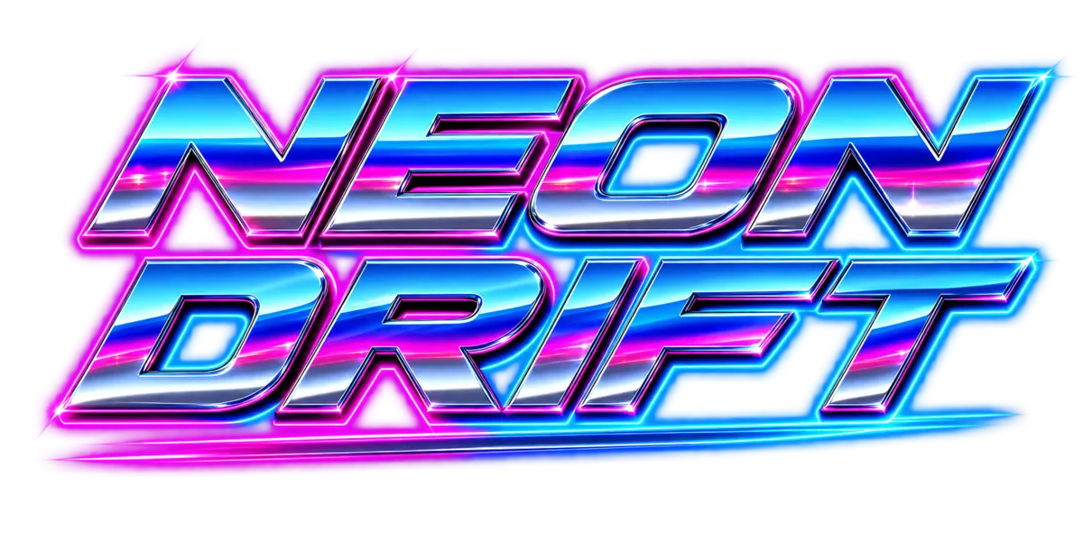 NEON DRIFT title logo in chunky italic chrome letters with a magenta to cyan glow