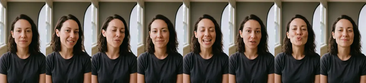 The hub take, eight frames sampled by the session: speech, a laugh, the whistle pucker.