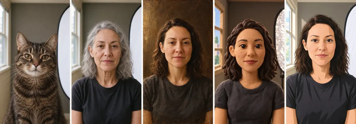 Who source images, each an edit of the portrait with the driver sheet: her cat, at 85, oil painting, claymation, anime.