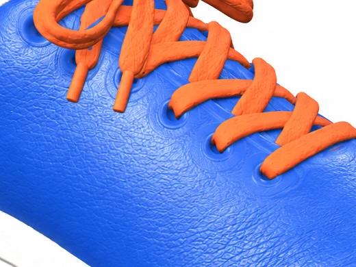 Full-grain leather upper, close up, in Signal