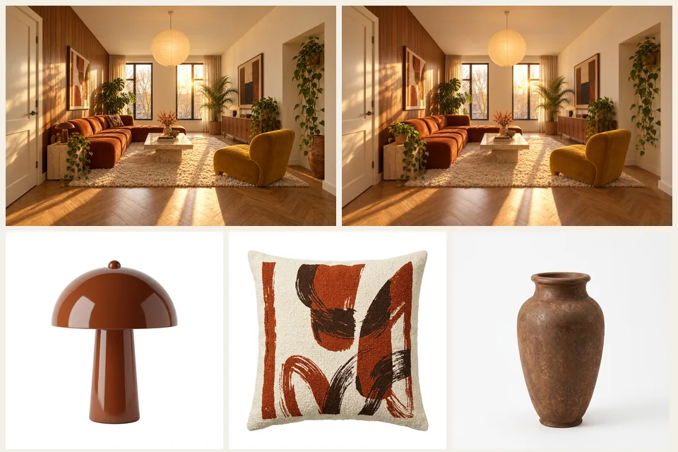 A furnished room photo, the same photo with a lamp, a cushion and a vase erased, and those three objects cut out on white