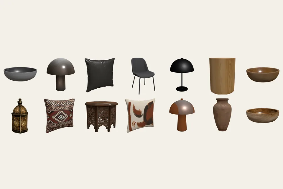 Fifteen 3D objects: lamps, cushions, bowls, a lantern, a vase, a fern, a chair and side tables