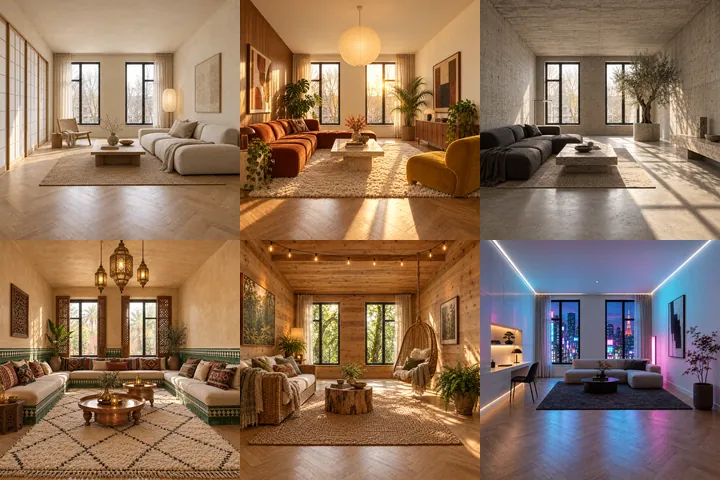 Six restyled versions of the same room