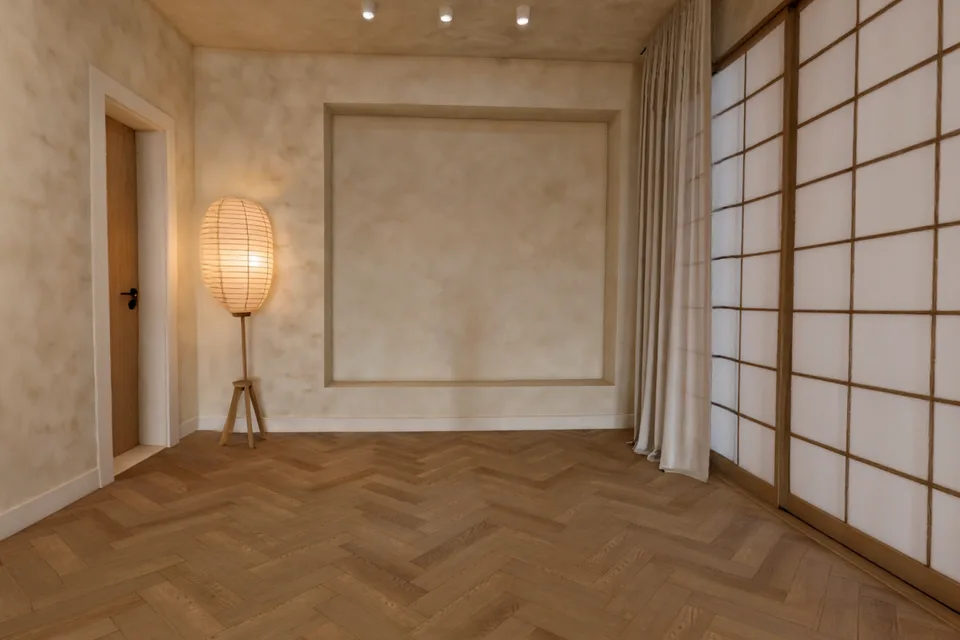 The Japandi room as a 3D world, seen from deep inside looking back toward the door