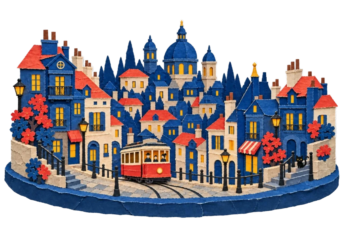 A living paper city: a red trolley carries tiny passengers past glowing windows, while a black cat waits on the steps.