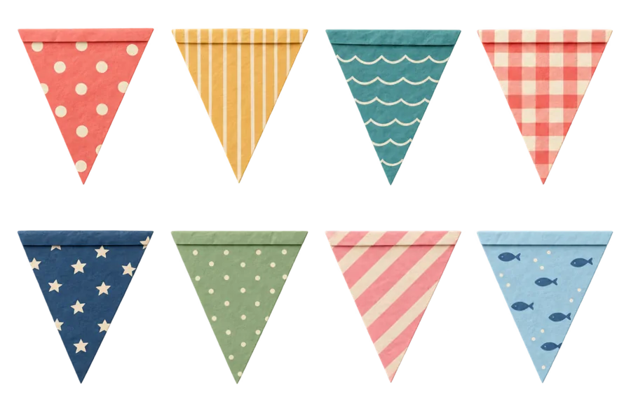 Eight patterned paper pennant flags in two rows on a transparent background