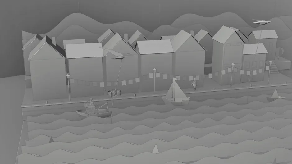 The same frame in grey clay: folded houses, bunting strings and wave strips