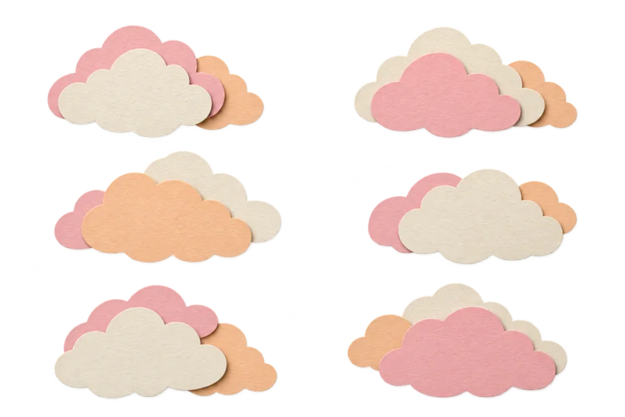 Six layered cut-paper clouds in cream, blush and apricot on a transparent background