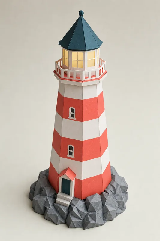 Concept photo: a handmade striped paper lighthouse on crumpled paper rocks