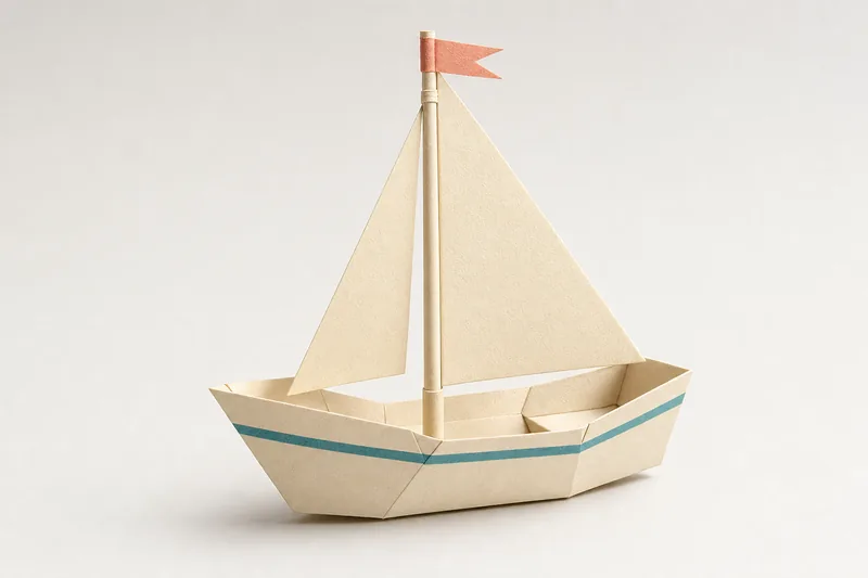Concept photo: a cream paper sailboat with a teal hull stripe and a coral pennant