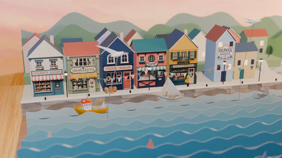 Final render: the painted shop fronts, bunting and blue paper waves