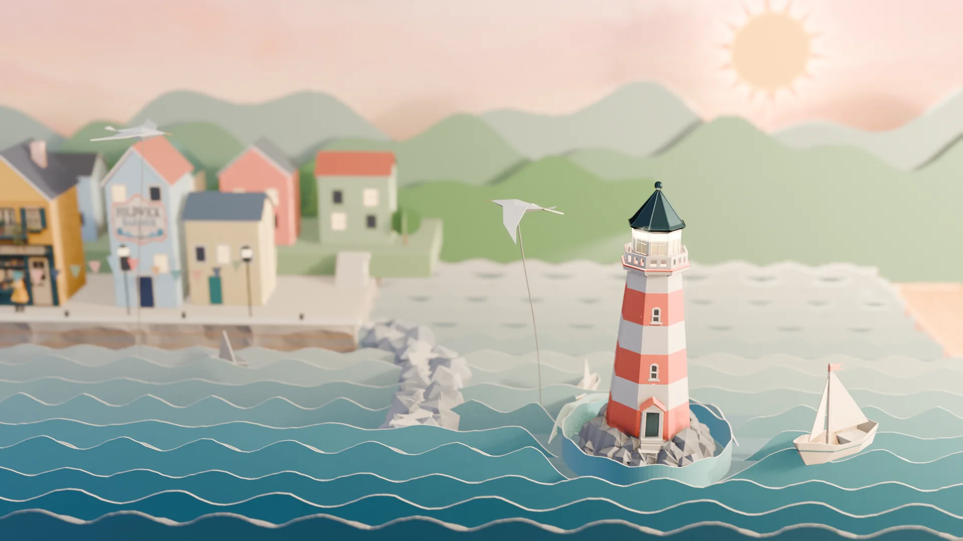Foldwick at dawn: a striped paper lighthouse on a rocky islet, a paper sailboat beside it, colourful folded-paper houses along the quay and a paper sun above the hills
