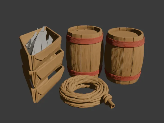 The dockside props mesh: paper crates, barrels and a coil of rope