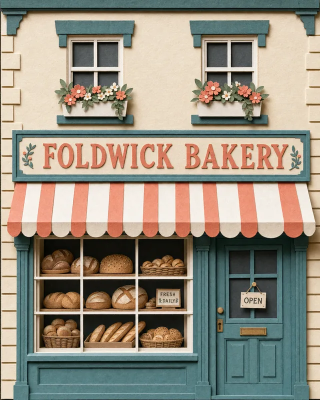 Paper-cut shop front: Foldwick Bakery, cream walls, a striped coral awning and a window of paper loaves