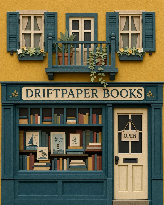Paper-cut shop front: Driftpaper Books, mustard walls, a teal frame and stacks of tiny paper books