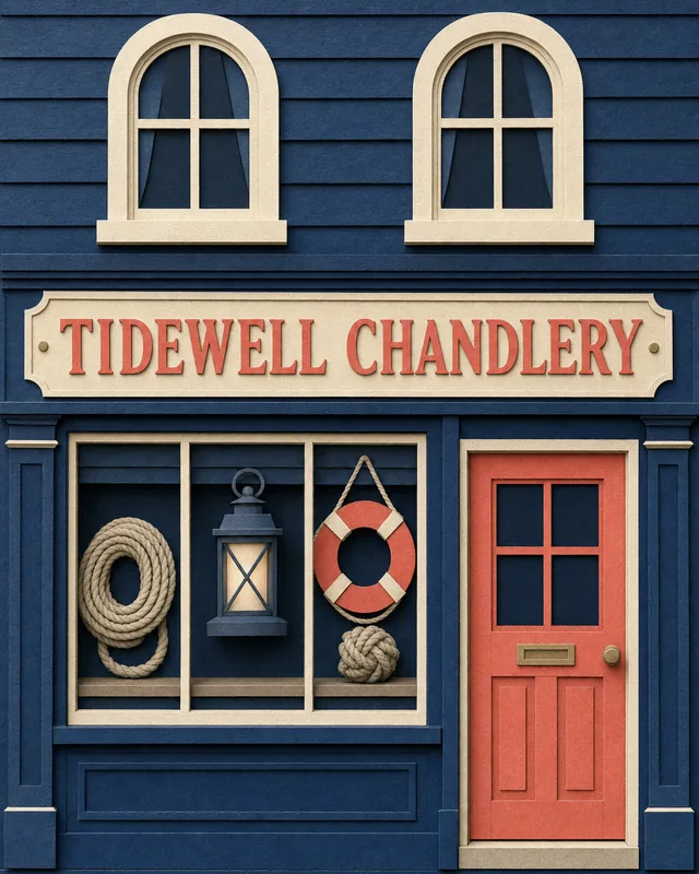 Paper-cut shop front: Tidewell Chandlery, navy walls, coral lettering, rope and a life ring in the window