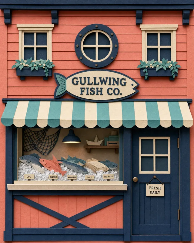 Paper-cut shop front: Gullwing Fish Co., coral walls, a teal striped awning and paper fish on ice