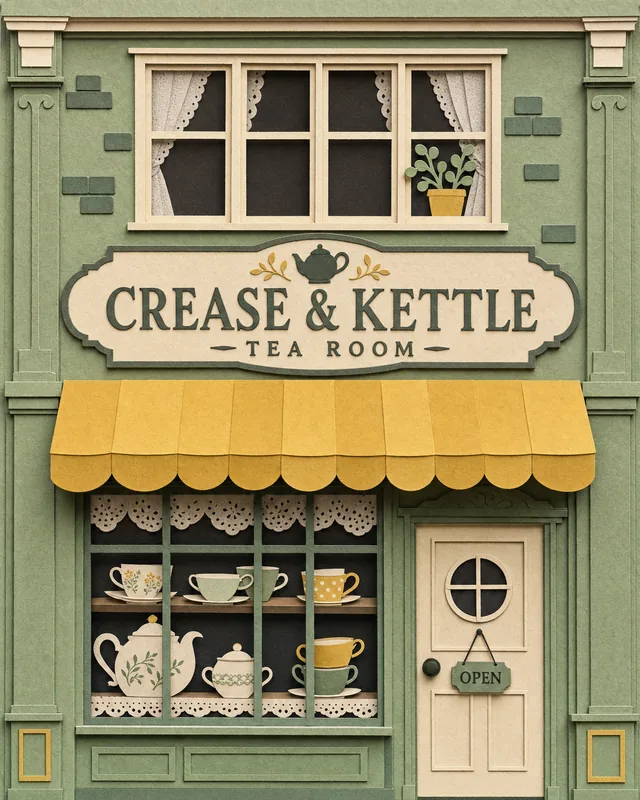 Paper-cut shop front: Crease and Kettle tea room, sage walls, a mustard awning and paper teacups in the window