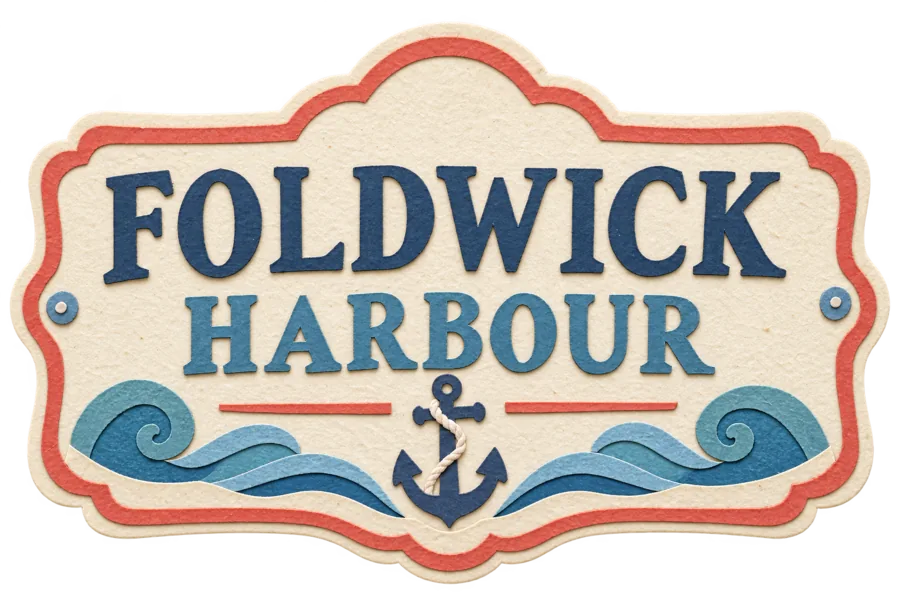 Cut-paper sign reading Foldwick Harbour, with an anchor and a wave motif, on a transparent background