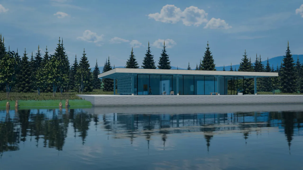 Stage 2, noon: clear low-iron glass showing the gallery, grass on the bank, a visitor on the porch