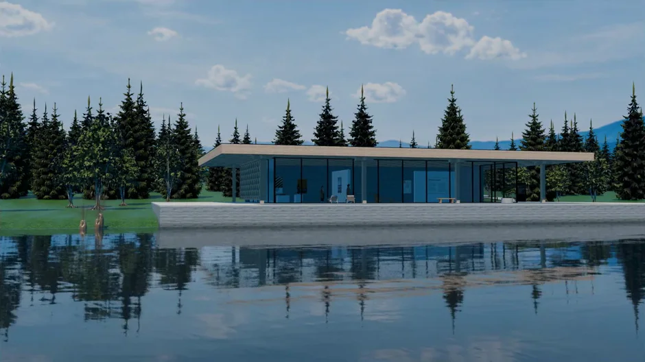Final noon render: the pavilion and forest reflected in the lake