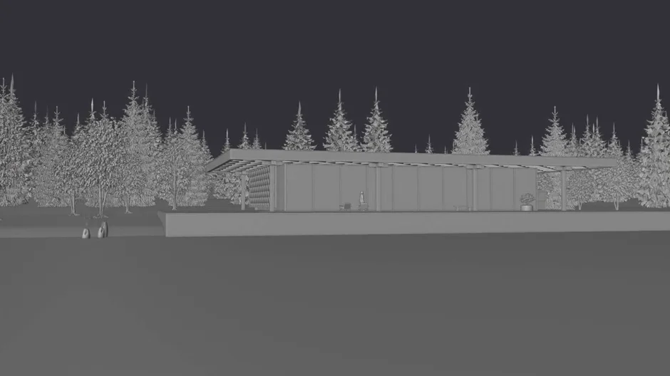 The same shot in grey clay: the plinth, roof, forest and lake as untextured shapes