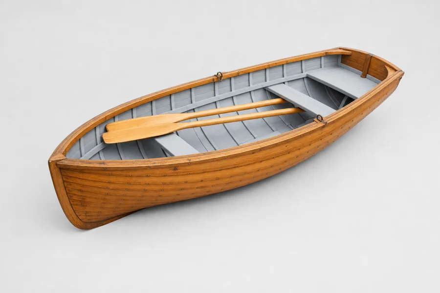 Concept of a wooden rowing boat with oars