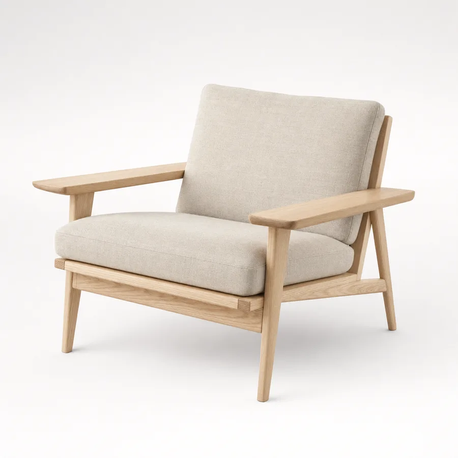 Concept of an oak lounge chair with cream cushions
