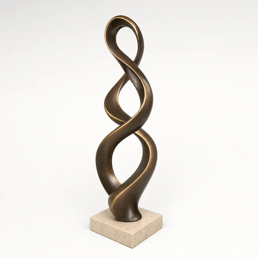 Concept of a twisting bronze ribbon sculpture on a stone base