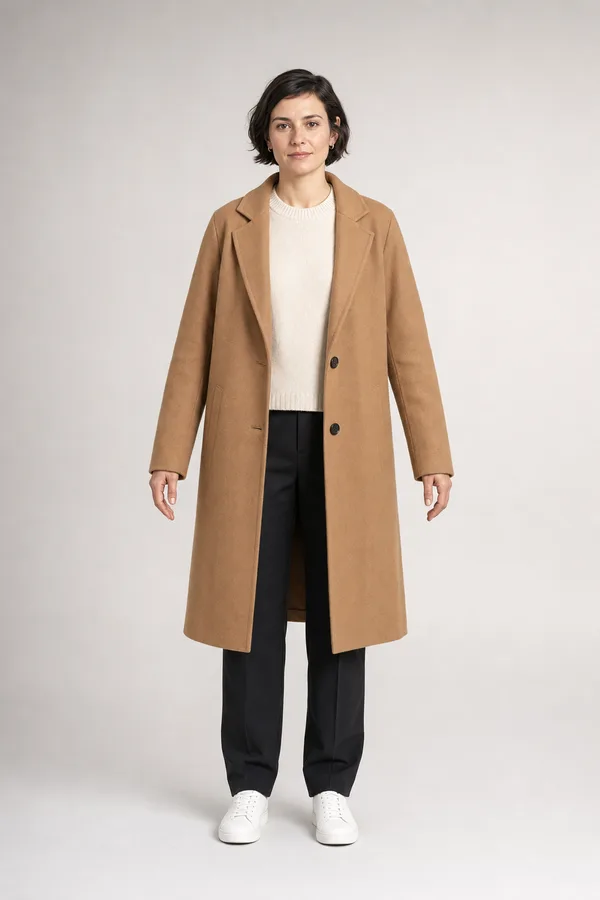 Concept of a visitor in a camel coat, standing, full length