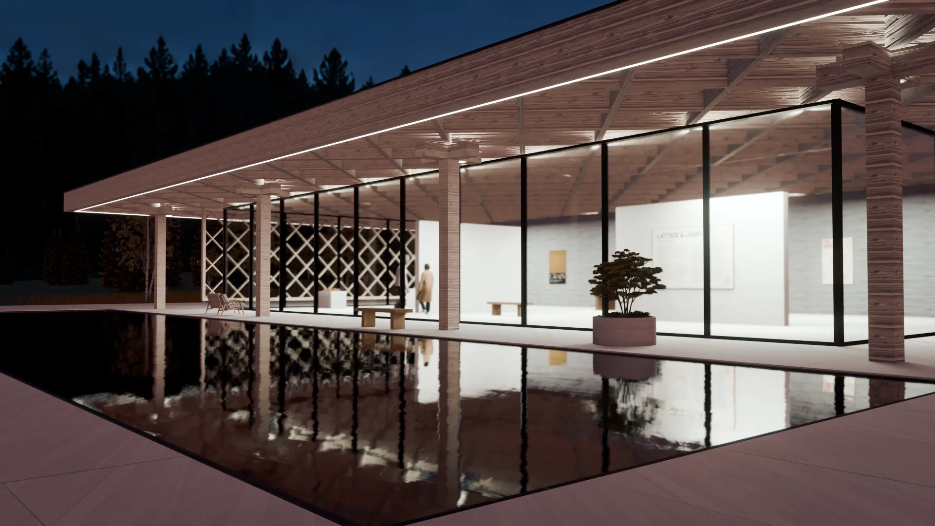 The pavilion at dusk: a lit timber lattice roof on slender columns, a visitor inside the glowing glass gallery, and its reflection in a black pool