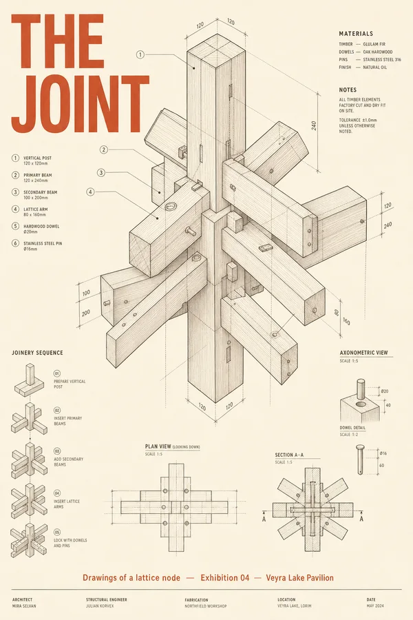 Poster reading The Joint with exploded drawings of a timber joint