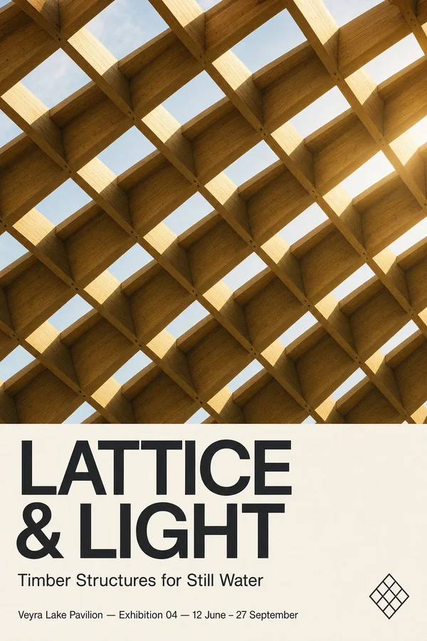 Poster reading Lattice and Light, Timber Structures for Still Water, over a photograph of a timber lattice