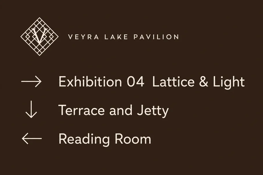 Bronze sign for Veyra Lake Pavilion pointing to Exhibition 04, Terrace and Jetty, Reading Room