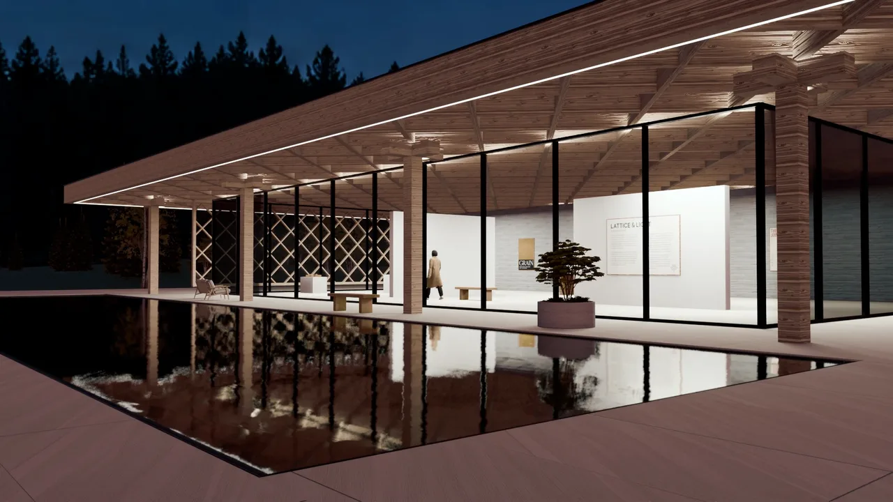 The same dusk frame in the final film: paler timber, a clean black pool and a lit gallery visible through the glass