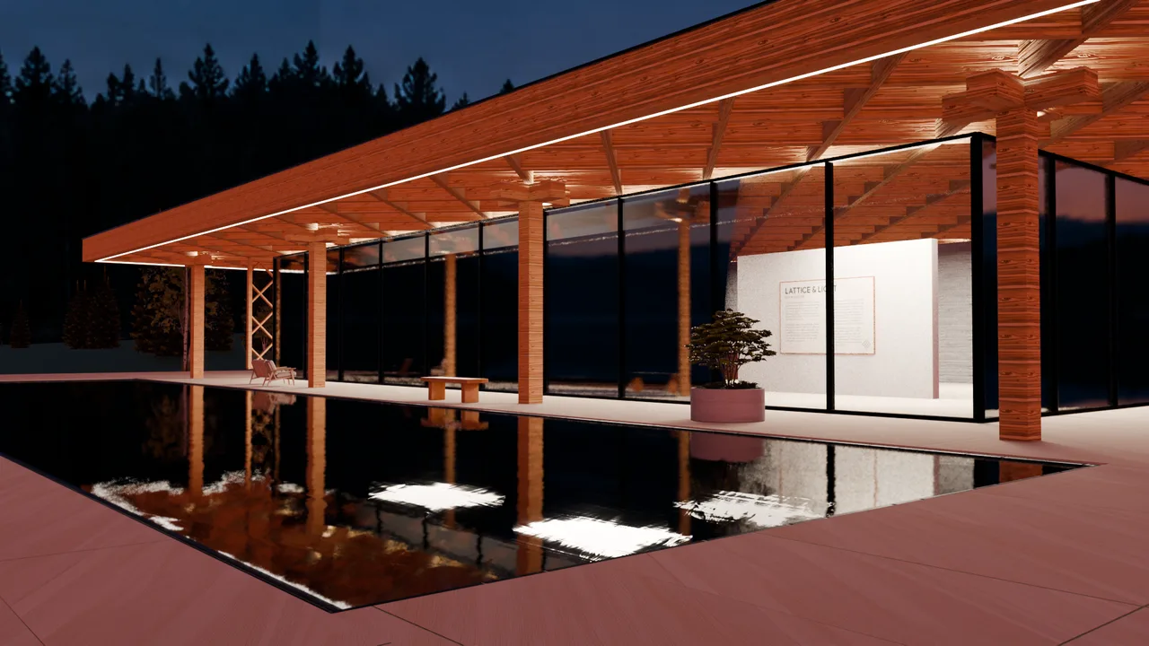 Dusk test render: orange timber, white blobs in the pool and dark glass that hides the gallery