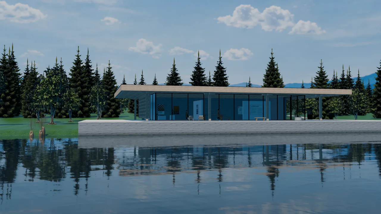 Noon: the pavilion across the lake